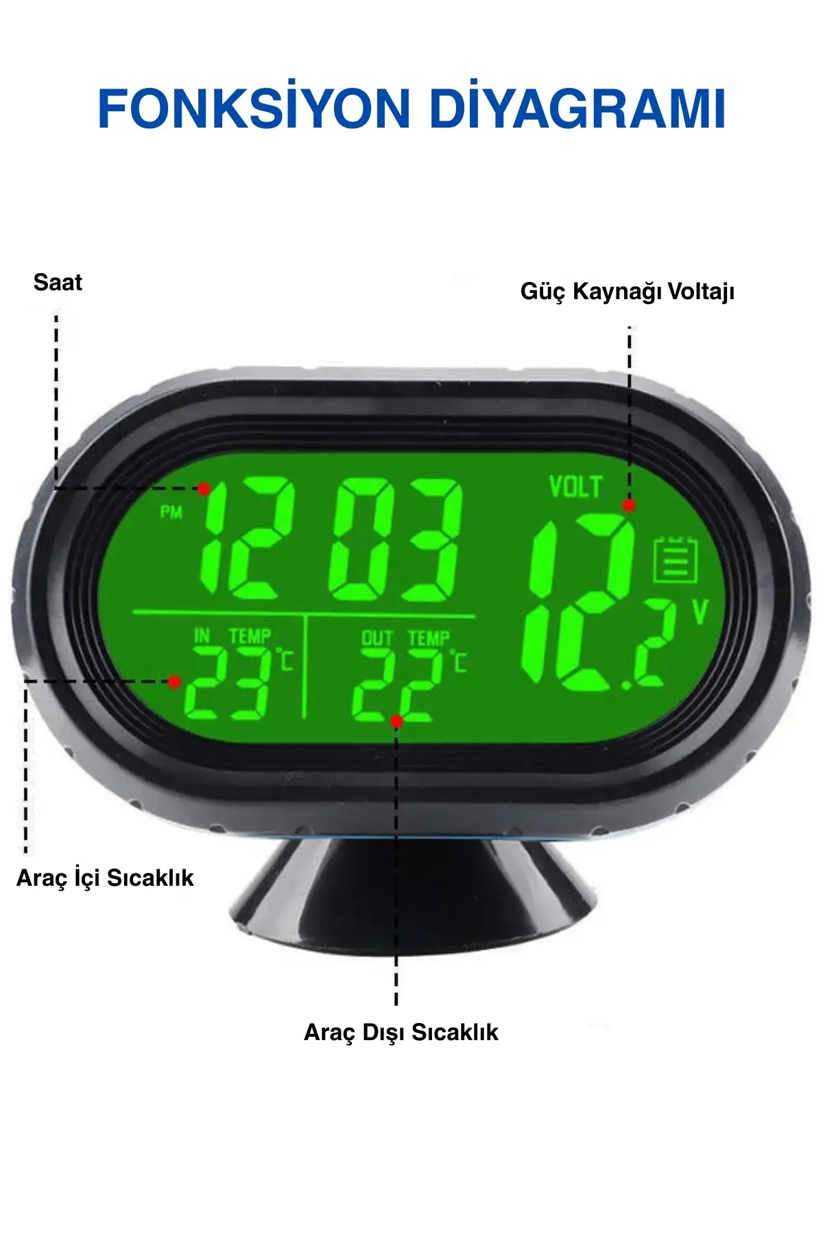 Araba Araç Oto Çok Fonksiyonlu Termometre Saat Voltmetre Vst7009 Araba Araç Oto Çok Fonksiyonlu Termometre Saat Voltmetre Vst7009