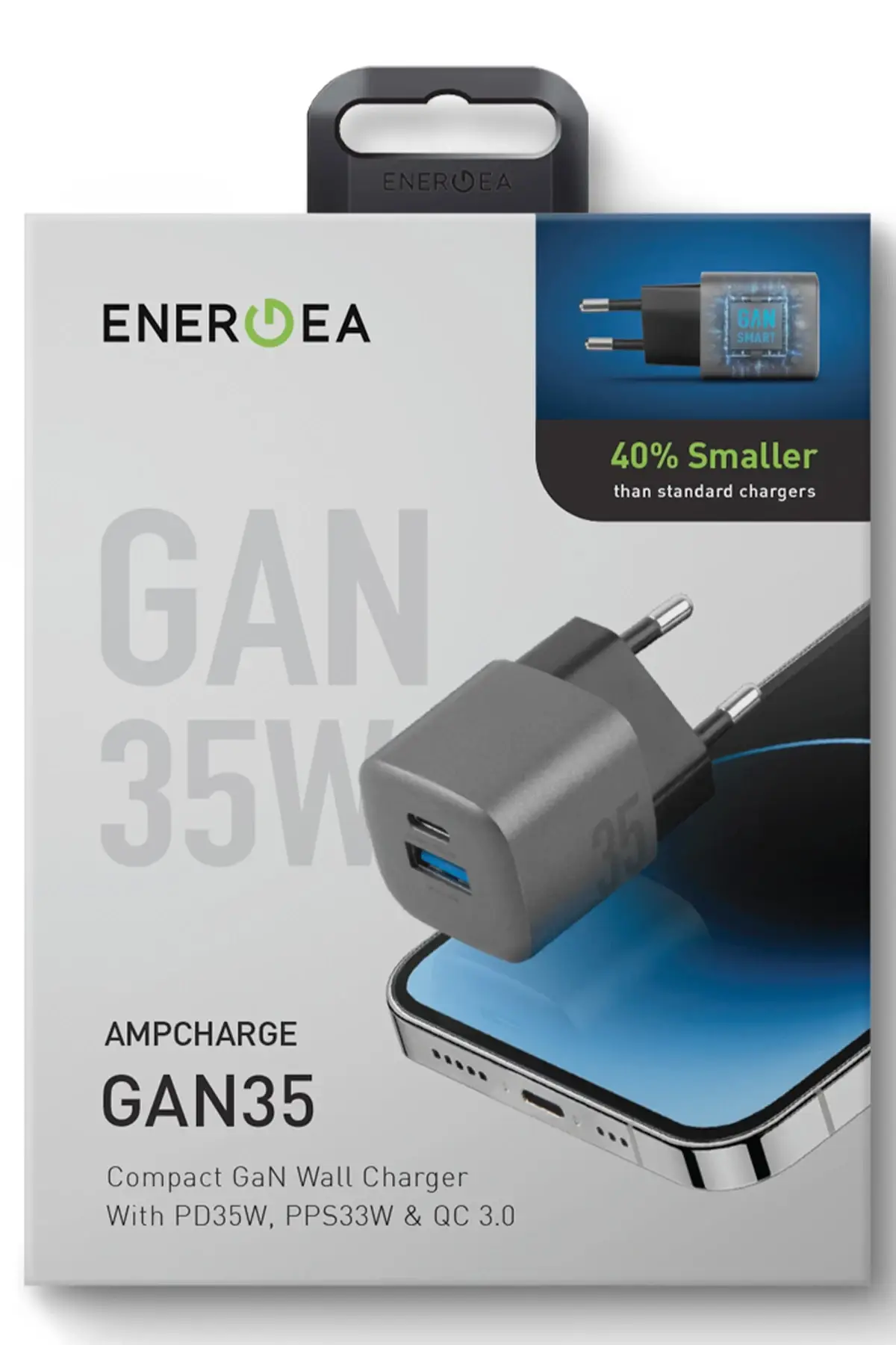 Energea AmpCharge GaN35 35W Type-C ve 30W USB 3.0 Çıkışlı Hızlı Şarj Aleti Energea AmpCharge GaN35 35W Type-C ve 30W USB 3.0 Çıkışlı Hızlı Şarj Aleti
