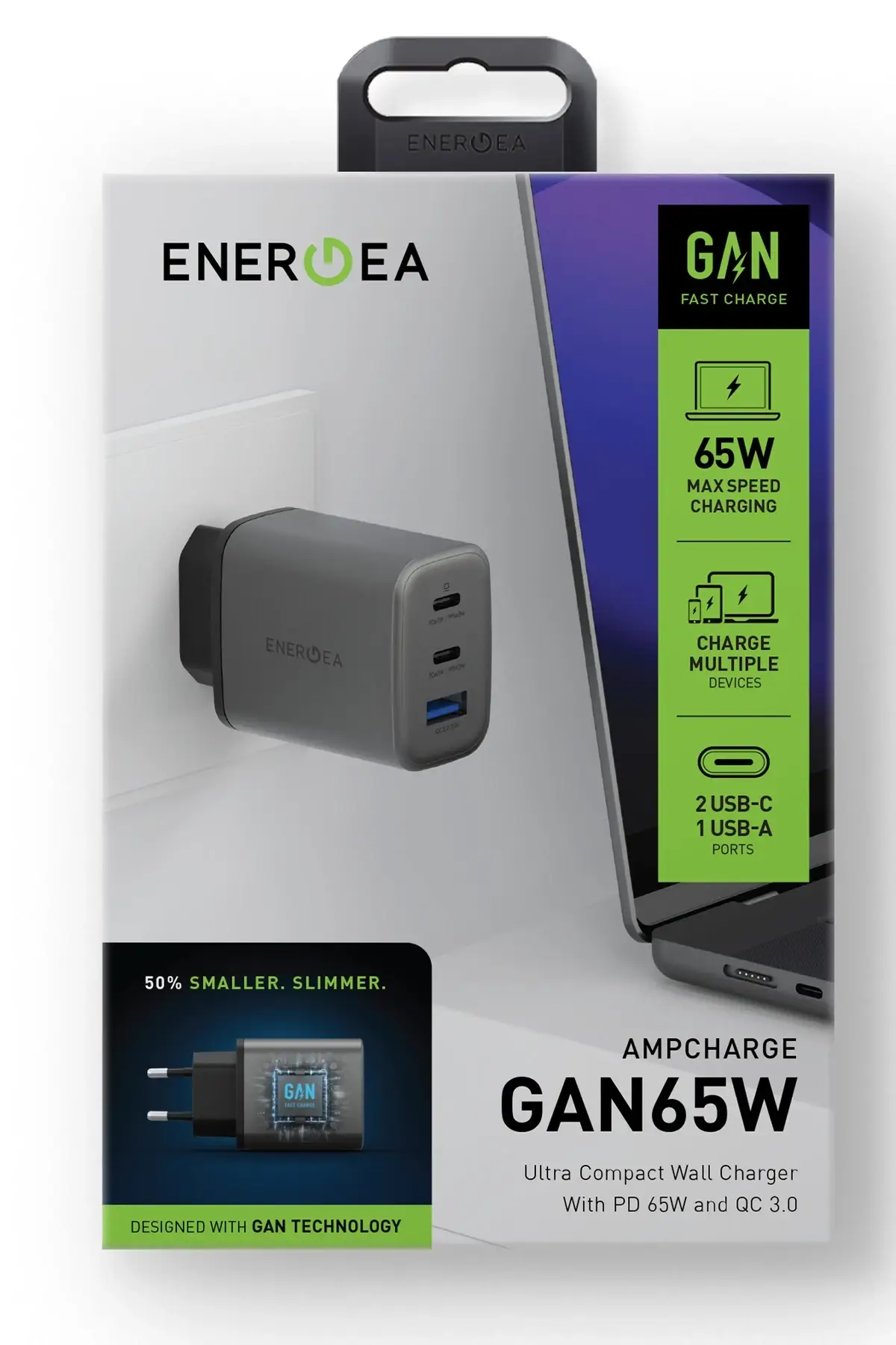 Energea AmpCharge GaN65 2 Adet 65W Type-C ve 30W USB 3.0 Çıkışlı Hızlı Şarj Aleti Energea AmpCharge GaN65 2 Adet 65W Type-C ve 30W USB 3.0 Çıkışlı Hızlı Şarj Aleti