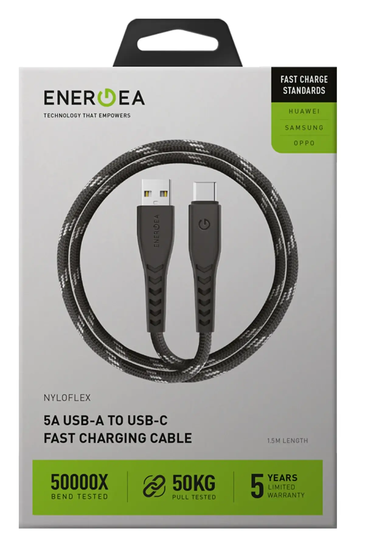Energea NyloFlex USB 2.0 1.5M 5A USB to Type-C Hızlı Şarj Kablosu Energea NyloFlex USB 2.0 1.5M 5A USB to Type-C Hızlı Şarj Kablosu
