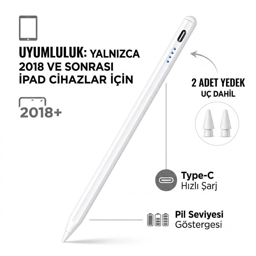 iPad Uyumlu Avuç içi Reddi Özellikli Tablet Kalemi Stylus Yazı Çizim Yedek Uç