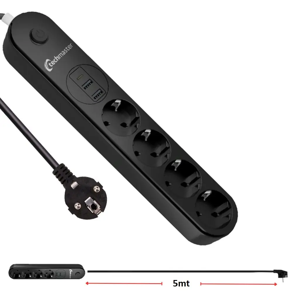 Techmaster 2 Usb+Type-C Akım Çocuk Korumalı 4`lü Priz 5mt Techmaster 2 Usb+Type-C Akım Çocuk Korumalı 4`lü Priz 5mt
