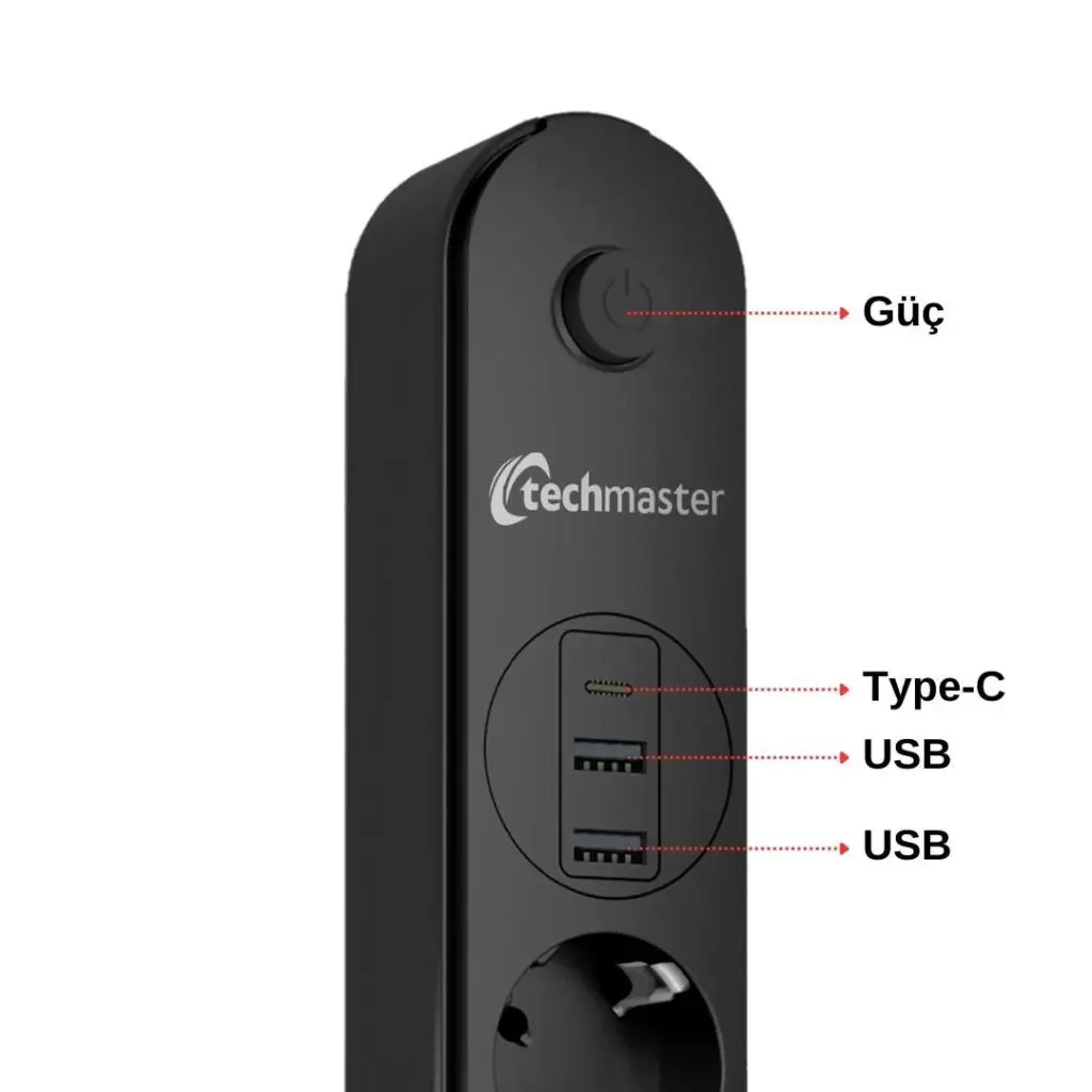 Techmaster 2 Usb+Type-C Akım Çocuk Korumalı 4`lü Priz 5mt Techmaster 2 Usb+Type-C Akım Çocuk Korumalı 4`lü Priz 5mt