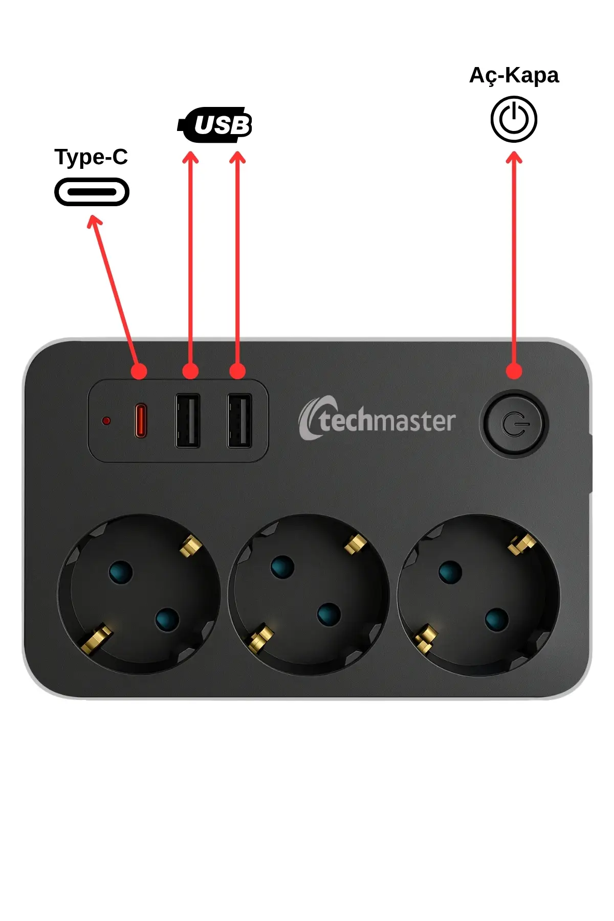 Techmaster 2 Usb + Type-C Akım ve Çocuk Korumalı 3lü Kare Priz 2mt Techmaster 2 Usb + Type-C Akım ve Çocuk Korumalı 3lü Kare Priz 2mt