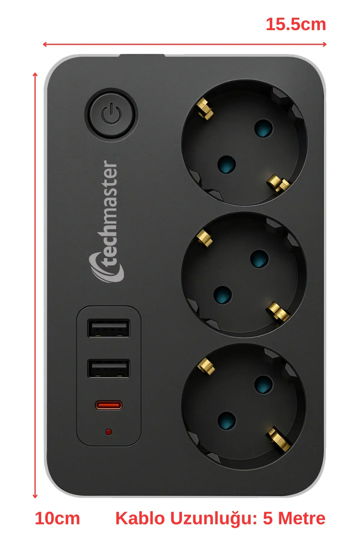 Techmaster 2 Usb + Type-C Akım ve Çocuk Korumalı 3lü Kare Priz 5mt Techmaster 2 Usb + Type-C Akım ve Çocuk Korumalı 3lü Kare Priz 5mt