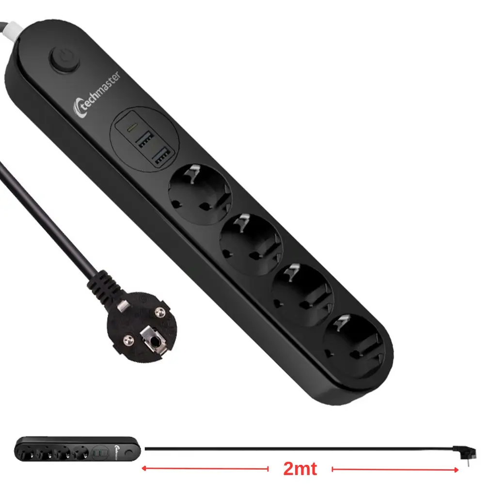 Techmaster 2 Usb+Type-C Akım ve Çocuk Korumalı 4`lü Priz 2mt Techmaster 2 Usb+Type-C Akım ve Çocuk Korumalı 4`lü Priz 2mt